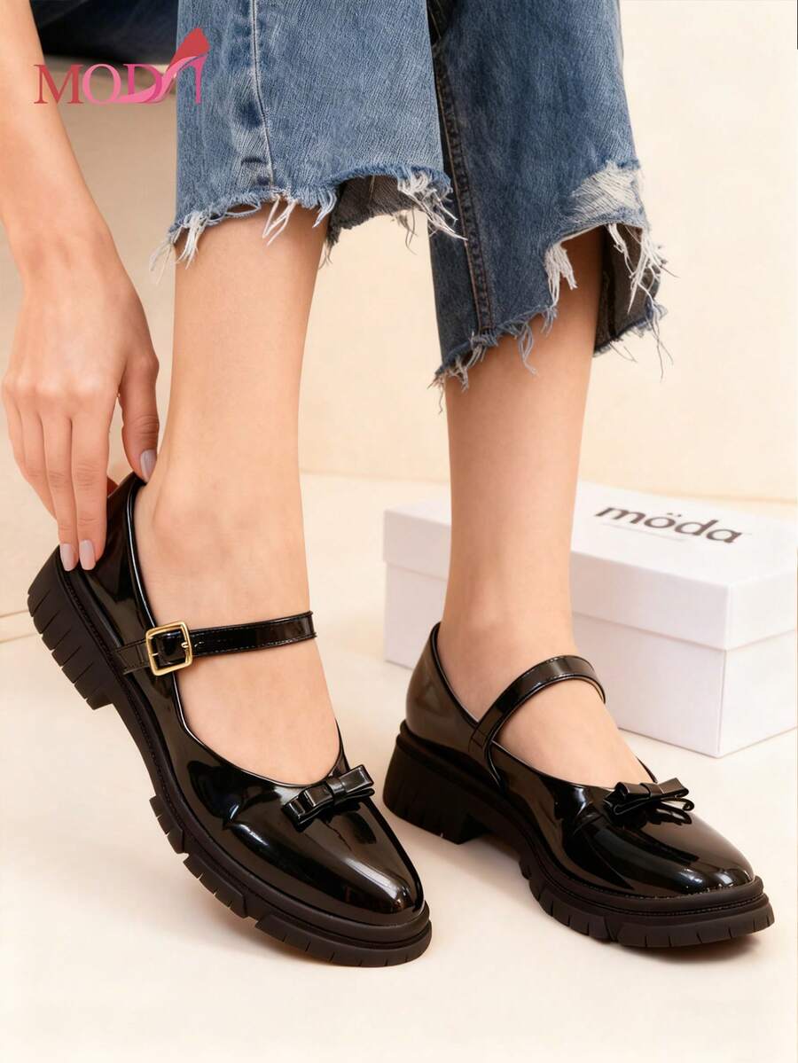 British Style Women's One-Strap With Bowtie Design, Thick Heel And High Heels, One-Foot Flat Shoes With Black Pedal Decorative Bow Versatile Elegant Casual,zapatos para mujer,botas para mujer,zapatos elegantes de mujer Zapatos planos negros de moda para mujer 2025 - Negro - Ver 1