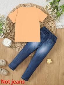 Set de 2 piezas de camiseta de manga corta con estampado de mariposa y corazón suave y pantalones con aspecto de mezclilla, informal y lindo para niñas, primavera/verano - Naranja - Ver 2
