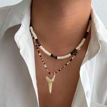 European And American Fashion Personality Imitation Shark Tooth Pendant Necklace For Men Coconut Shell Wooden Bead Clavicle Chain - Màu hỗn hợp 06219 - Xem 3