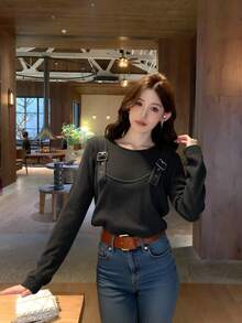 DAZY 女士竖条纹二合一可调节肩带宽松长袖休闲街头风T恤 - 灰色 - 查看 5