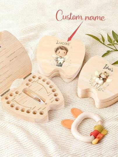 Caja personalizada para dientes - Caja de recuerdos de dientes, nombre/fecha personalizable - Bautizo, cumpleaños y caja de almacenamiento de dientes como regalo (etiqueta de nombre personalizable y patrón de ángel), funcional, decorativa, patrón de letras, de moda, moderna, colorida, linda, casual, personalizada, única, adecuada para hijo, hija, temporada de regreso a clases, organizador de viaje