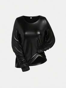 GLOURI Women's Black PU Leather Jumpsuit - Long Sleeve Ruched Bodycon With Flared & Slit Legs | Edgy Nightclub & Party Outfit For Evening Events - 黑色 - 查看 6