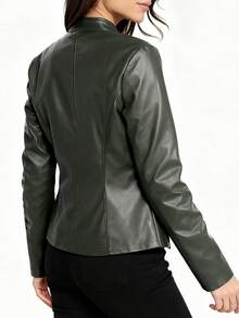 Jaket Kulit PU Wanita Kasual Modis Warna Polos Lengan Panjang Gaya Motor dengan Resleting, Cocok untuk Musim Semi, Gugur, dan Musim Dingin - Olive Green - View 4