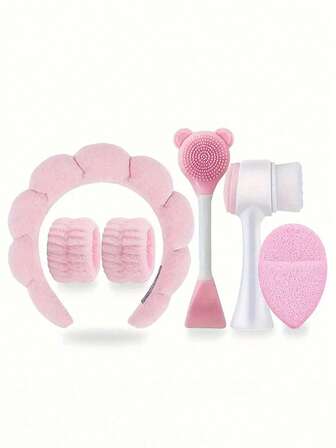 6件套面部护理套装：深层清洁、SPA面膜刷套装 - 便携式护肤套装，含柔软法兰绒头带、硅胶去角质刷 - 女性理想礼物