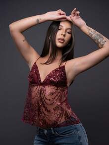 Sparkly Lace Blouse In Marsala With Sequins, 2000s Style - 紅木色 - 查看 5