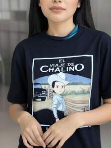 Playera negra holgada con estampado de moda El Viaje de Chalino - Negro - Ver 2