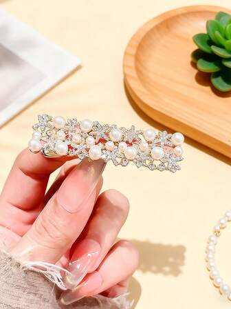 1pc Shiny Korean Cute Pearl Starfish Hair Clip, Versatile Side Bangs Hairpin For Girls, Suitable For Party, Holiday And Daily Wear
