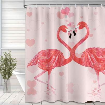 1pc Valentine'S Day Red Crowned Crane Shower Curtain, Girl Pink Theme Animal Printed Shower Curtain, Very Suitable For Valentine'S Day Bathroom Decoration, Universal Room Decoration, Home Decoration, Bathroom Accessories Bath Curtain