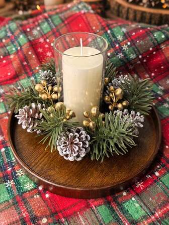 1pc Christmas Candle Rings Wreaths, Artificial Red Berries, Snowy Pine Needles Garland, Christmas Wedding Home Table Centerpieces Decoration, For Kitchen Cabinets,Windows,Front Door Pillars (Candle Not Included)