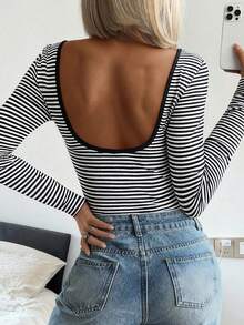 Vaiaye Women's French Sexy Backless Striped Knit Long-Sleeve Christmas Slim Top