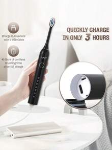 Nuevo cepillo de dientes eléctrico negro LAC con 8 cabezales de cepillo reemplazables, 6 modos de funcionamiento, carga USB - Negro - Ver 3