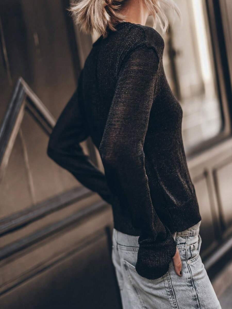 VIBEWAVE Round Neck Long Sleeve Contrast Trim Sheer Mesh T-Shirt, Spring/Summer - Black - View 1