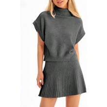 - Conjunto de falda de 2 piezas para mujer, conjunto de suter 2025 con cuello alto, manga casquillo y minifalda plisada, trajes de viaje - Gris oscuro + M - Ver 4