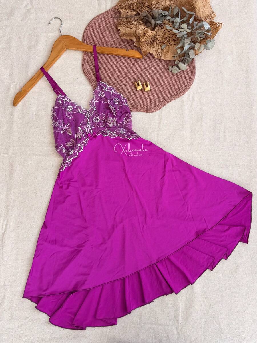 Sexy Lace Nightgown With Backless Detail, Ruffled Train, Slit, No Padding, Sleep Dress, Lingerie, Nightwear Line - 紫色 - View 1