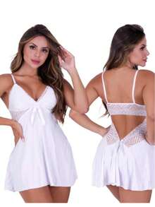 Sexy Lace Nightgown With Backless Detail, Ruffled Train, Slit, No Padding, Sleep Dress, Lingerie, Nightwear Line - White - View 5