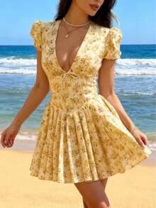 Women's Dresses Women's Summer Women's Deep V Neck Women's Elegant Vacation Wear Women's Crushed Floral Dresses Summer Women's Yellow Fashion Short Dresses Vacation Casual Comfortable Crushed Floral Print Patterns, Deep V Neck Bowknot Decoration Bubble Sleeve Hem Pleated Women's Pullover Dresses - Multicolor - View 2