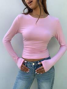 Women's Casual Slim Fit Round Neck Long Sleeve T-Shirt - Pink - View 2