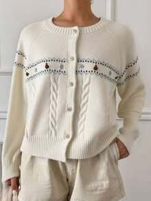 Livesso Women Casual Everyday Wear Front Button Textured Knit Raglan Sleeve Cardigan, Autumn/Winter,Long Sleeve Tops,Fall Women Clothes - Apricot - View 3