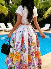 New Women's Clothing Flower Print Round-Neck Waist-Tight Fashion Elegant Button-Up Swing Dress - Multicolor - View 4