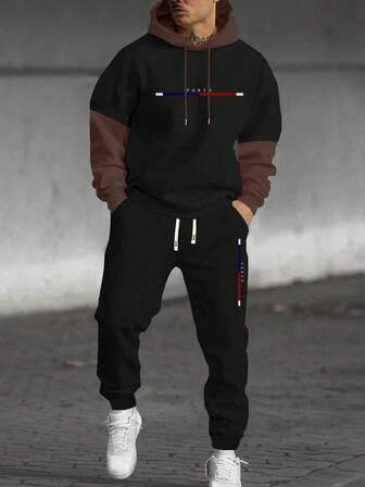 مجموعة مكونة من قطعتين من البلوزات ذات الأكمام الطويلة والقبعة مع طباعة شريط ملون وحروف، وبنطلون مطاطي الخصر بسحاب للرجال في فصلي الخريف والشتاء، مناسبة للأوقات الحرة والرياضة والسفر والعطلات والرياضة والجري والأزواج.