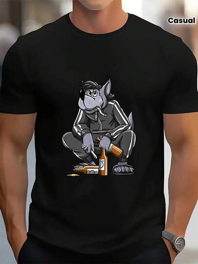 Nu Pogodi Wolf Russian Gopnik Funny Drinking Beer & Vodka Graphic T-Shirt - Heavyweight 180gsm Cotton Crewneck Unisex Tee For Men & Women, S-XXL Sizes - Casual & Party Wear, Birthday/Christmas/New Year Gift - Humorous Russian Culture Apparel With Wolf & Nu Pogodi Design