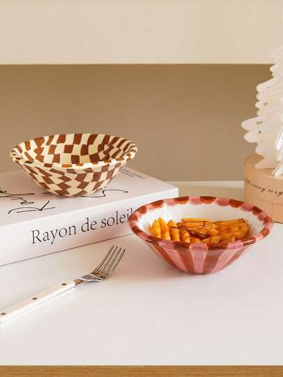 1pc Rose Striped Ceramic Bowl, Hand-Painted Checkerboard Pattern, Elegant And Refined, Suitable For Home Daily Tableware, Restaurant And Cafe Ice Cream Bowls, Gifts, Housewarming Presents, Holiday Decor