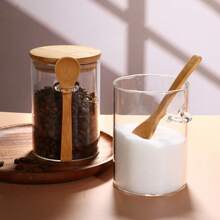 Tarro de cocina de vidrio de 15 onzas con cuchara, adecuado para almacenar especias, productos secos y frutos secos, viene con tapa y cuchara de bambú o madera, para uso doméstico y de cocina - Caqui - 2 piezas - Ver 2