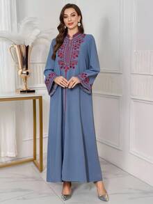 Elegant Traditional Embroidery Craftsmanship Leaf Pattern Woven Fabric Embroidered Long Sleeve Dress, Suitable For Festivals And Everyday Wear, Spring/Autumn - Dusty Blue - View 4