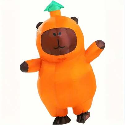 Disfraz inflable de capibara - Lindo disfraz redondo de poliéster gris con capucha verde, alimentado por USB para Halloween, carnaval, fiestas - Incluye ventilador y caja de baterías (baterías no incluidas), accesorios de capibara, sin batería