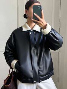 Livesso 女士PU皮革和仿羊羔绒拼接夹克，秋季女装 - 黑色 - 查看 4