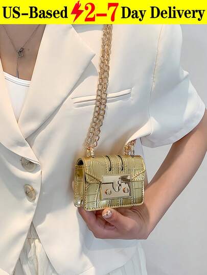 Gold Mini Crocodile-Embossed Chain Shoulder Bag/Crossbody Bag With Adjustable Chain Strap, Compact Evening Clutch For Women, Luxury Small Shoulder Bag For Parties, Travel Accessories, Date Nights And Special Events, Fits Lipstick, Keys And Essentials In Premium Metallic Finish,The Best Gift Choice, Birthday Gift, Christmas Gift[US Local Warehouse]