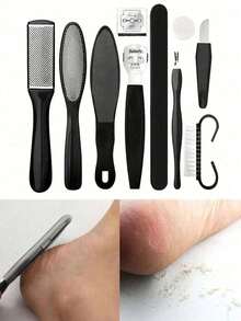 8/10/11pcs Durable Foot Care Set - 10-In-1 Callus Remover & Foot File Tools, Foot Scrubber For Dry, Cracked Heels/Soles, Essential Travel SPA/Home Pedicure Tools For Foot Care Enthusiasts - Black - View 3