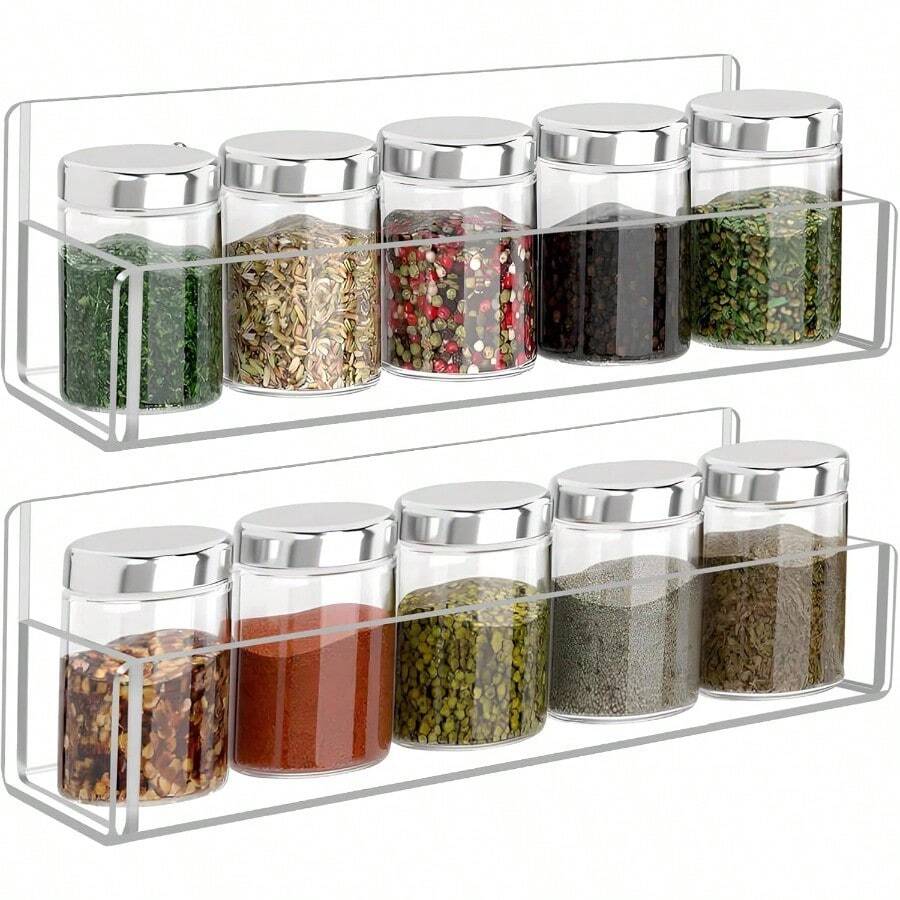 WSXC Acrylic Spice Rack Wall Mount-9 Inch Clear Spice Shelf Storage Holder 2 Pack Hanging Seasoning Rack Organizer For Cabinet Door Cupboard Or Wall Kitchen Adhesive Or Screw - 清除 - 查看 1