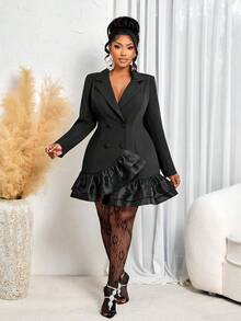 BIUBIU Plus Size Women's Elegant Party Cocktail Dress, Sexy Lapel Collar Long Sleeve Cinched Waist Layered Solid Color Mini Dress, Autumn/Winter Black Spring - Black - View 4