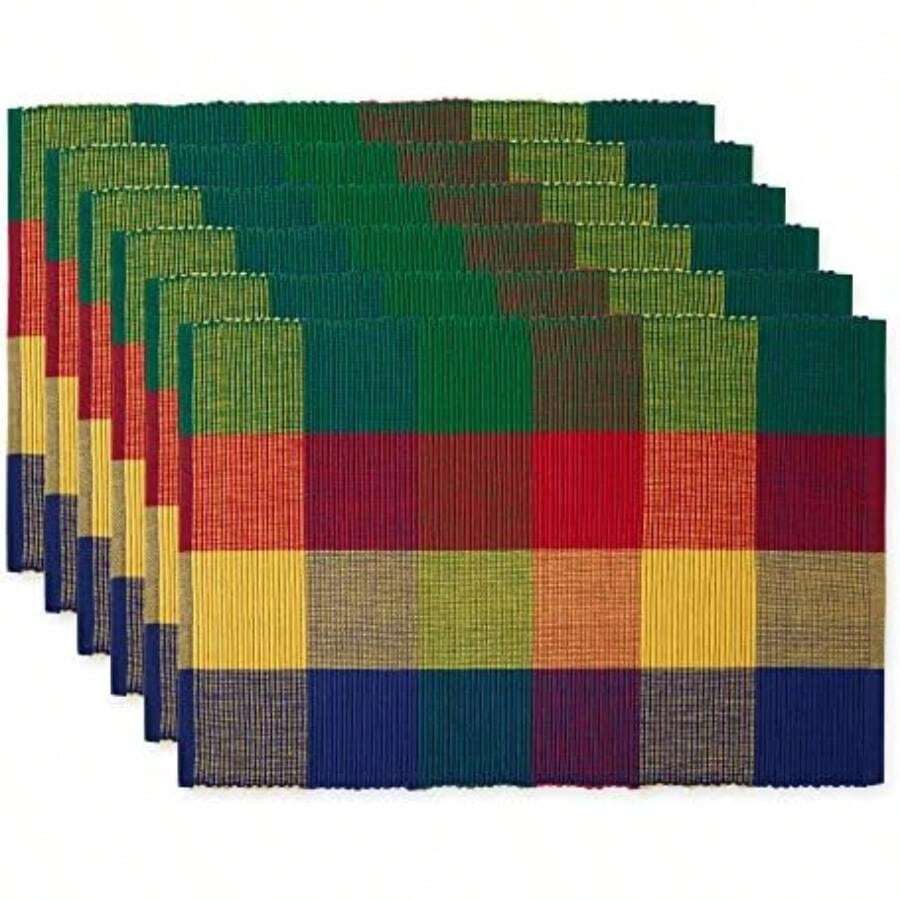 DII Basic Everyday - Juego de manteles Individuales Acanalados, 100% algodón, 13 x 19 Pulgadas, , 6 Piezas(Cheque de verano) - Multicolor - Ver 1