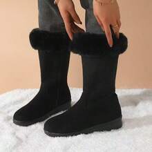 Women's Mid-Calf Snow Boots, Thick Thermal Lining, Wedge Heel, Warm & Soft Material, Side Zipper, Round Toe, Versatile Outdoor Boots For Winter - Black - View 3