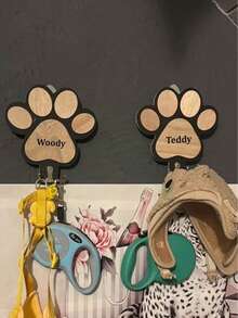1pc Customizable Wooden Dog Leash Hook, Can Be Engraved, Personalized Dog Collar Hanger, Adjustable Angle Metal Hook, 16*16cm, Paw Print Design, Ideal For Dog Lovers, Pet Home Decor, Housewarming Gift, Wall Decor, Dog Accessory Organizer - Multicolor - View 4