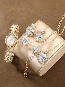 1 Set Mother's Day Women's Watch Set, Fashionable Elegant Round Dial Quartz Watch With Heart-Shaped Pendant Necklace, Earrings, Ring And Bracelet. This Jewelry Set Is Suitable For Daily Wear, Birthday Gift, Back To School, Thanksgiving And Romantic Occasions, Best Choice (Excluding Gift Box) - Gold - View 7