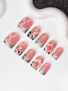 10pcs Square Shaped Handmade Nail Tips, Y2K Baddie Style, Nude & White Color With French Tips, Floral, Cream, And Zebra Print Elements, Handcrafted Nail Art Decorations Suitable For Parties, Galas, And Daily Wear, Includes Tool Kit, Great Gift For Women And Girls Nails Nail Supplies Handmade Press On Nails - Multicolor - View 3