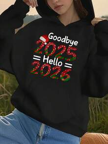 Sudadera con capucha Teediy para mujeres Feliz Año Nuevo 2026 - Diseñada con números 2026, sudadera de manga larga con cordón, adecuada para otoño/invierno, suéter casual con bolsillo delantero, sudadera de invierno |   Sudadera con Capucha de Patrón Festivo |   Sudadera de Ajuste Cómodo - Negro - Ver 1