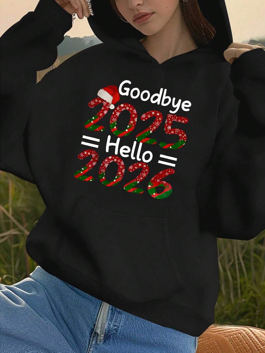 Sudadera con capucha Teediy para mujeres Feliz Año Nuevo 2026 - Diseñada con números 2026, sudadera de manga larga con cordón, adecuada para otoño/invierno, suéter casual con bolsillo delantero, sudadera de invierno |   Sudadera con Capucha de Patrón Festivo |   Sudadera de Ajuste Cómodo - Negro - Ver 1
