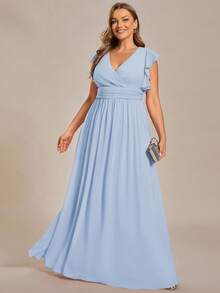 EVERPRETTY V-Neck Solid High Waist Pleated Light Blue Bridesmaid Dress, Wedding Party Guest Dress, Spring/Summer - Baby Blue - View 4