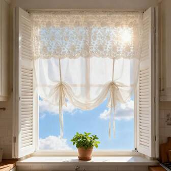 Beige Tie-Up Curtain, Adjustable Elegant Bathroom Sheer Curtain, Room Divider Curtain, Door Curtain, Patchwork Design, Romantic Floral Pattern, Beautify Space Layout And Create Ambiance