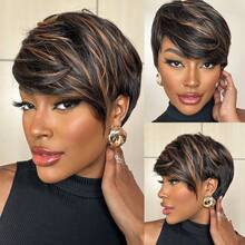 优雅的1B/30精灵短发假发，女士款 - 直发真人发假发，带刘海，短款层次直发造型，自然黑棕混色，无需胶水即可轻松佩戴，多色设计，适合所有人，6英寸舒适玫瑰网帽，无需胶水，完美适用于日常佩戴、派对、圣诞节、新年以及K-Pop等场合。 - 彩色 - 查看 8