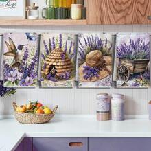 4pcs Purple Lavender Style Kitchen Towels, Purple Lavender Color Scheme, Purple Lavender And Bird Pattern Design, Suitable For Wiping Tableware, Also Can Be Used As Kitchen Home Decor And Tabletop Decor, Essential Kitchen Supplies, Fit For Kitchen And Dining Room, Commonly Used For Daily Cleaning And Holiday Decoration - Multicolor - View 6