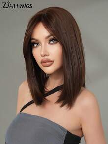 7JHH WIGS Short Straight Coffee Brown Wigs For Women Shoulder Length Wig With Side Part Bangs Synthetic Heat Resistant Fiber Bob Hair Wig For Girls Daily Party Cosplay Use 16 Inch - Chocolate Brown - View 2