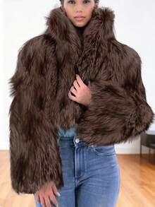 女士优雅仿银狐渐变长袖休闲皮草大衣，适合圣诞节和秋冬季 - 棕色 - 查看 3