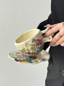 1pc Floral & Bird Lily Of The Valley Ceramic Coffee Cup, Minimalist Ins Style Curved Handle Coffee Cup, Elegant Afternoon Tea Cup, Creative Asymmetrical Handmade Cup & Saucer, Can Be Used As Dessert, Fruit Plate, Breakfast Oatmeal, Latte, Commercial Creative Coffee Cup, Mug, Tea Cup, Water Cup, Gift - Multicolor - View 7
