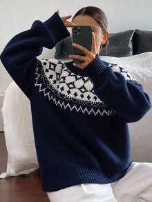 Livesso Oversized Damen Pullover mit Fair Isle Muster, Vintage Stil, für Herbst/Winter - marineblau - Übersicht 5