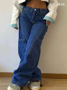 Quần jean denim ống đứng cạp chun kiểu retro Y2K dành cho nữ cỡ lớn – Kiểu dáng cơ bản, đa năng và thời trang cho mùa hè. - Rửa tối - Xem 3
